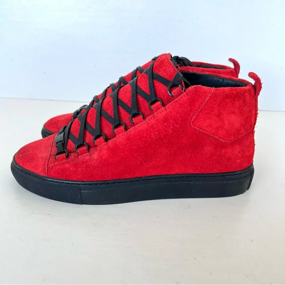 BALENCIAGA Arena Pavot Red Suede Black Trim High Top Lace Up Sneakers Sz 39